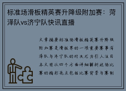 标准场滑板精英赛升降级附加赛：菏泽队vs济宁队快讯直播